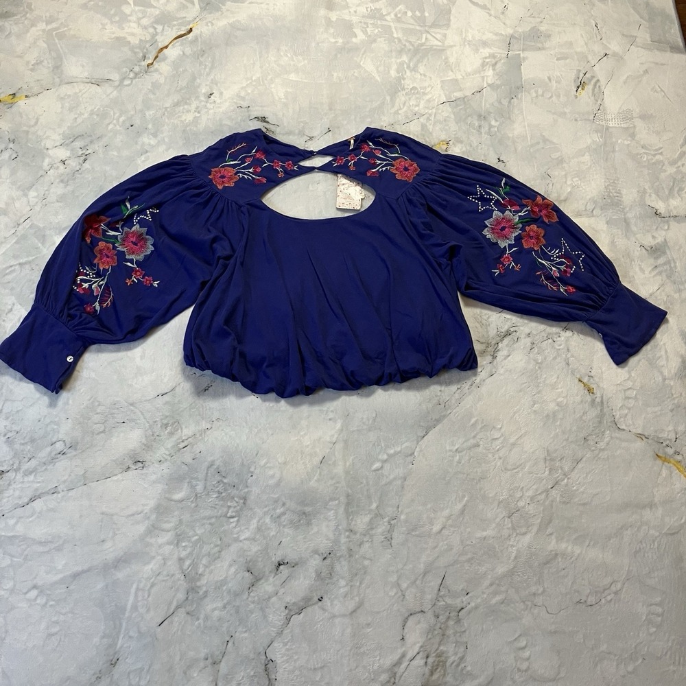 Free People Lita Embroidered Womens Sz M Top Floral Blouse Blue Cutout Boho